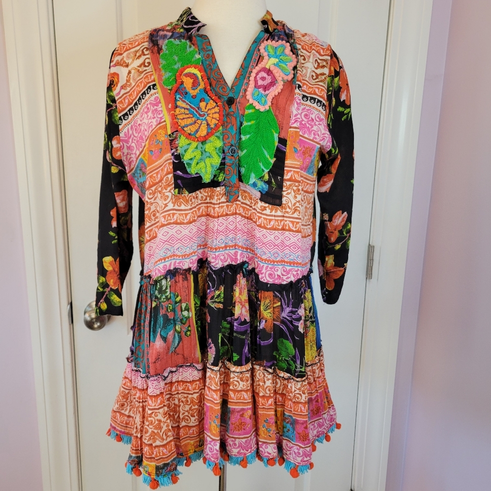 Antica Sartoria Giacomo Cinque Beaded Print Tiered Peasant Dress